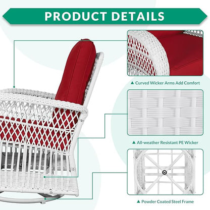 VIVIJASON 3-Piece Outdoor Conversation Bistro Set, Patio Swivel Glider Rocking Chairs Rattan Furniture Sets w/ 2 White Rattan Chairs, Glass Top Side Table for Porch Backyard, Red Cushions