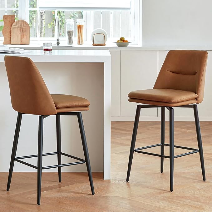 Brown Counter Height Bar Stools Set of 2, 26 Inch Seat Height with Back and Metal Legs, 360° Swivel Upholstered Faux Leather Swivel Bar Stools