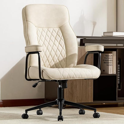 Leather Home Office Desk Chairs, Comfy Office Chair, Mid Century Modern Office Chair with Lumbar Support, Mid-Back Adjustable Swivel Computer Chair with Wheels and Arms, Beige