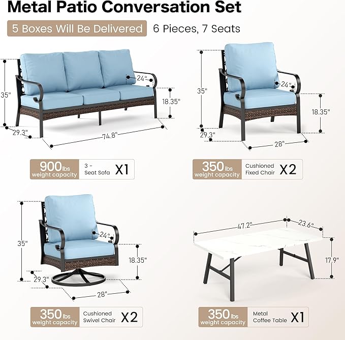 6 Piece Metal Outdoor Patio Furniture Set - 1 3-Seater & 2 Fixed & 2 Swivel Sofas with 5.75" Thick Cushion & Coffee Table - Black & Blue Backyard Furniture