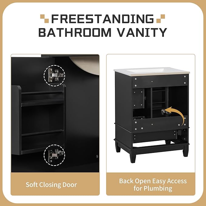24 Inch Bathroom Vanity with Sink, Freestanding Bathroom Sink Cabinet with 3 Drawers and Storage Door Rack Organizer, Solid Wood Legs, Black