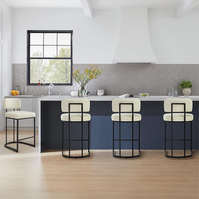 26" H Counter Height Bar Stools Set of 4, Modern Faux Leather Upholstered Barstools with Backrest for Kitchen Island, Black Metal Frames, Cream