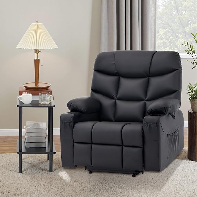 MCombo Oversized Power Lift Recliner Chair with Extended Footrest for Elderly People, Faux Leather R7289 (Black, Oversize)