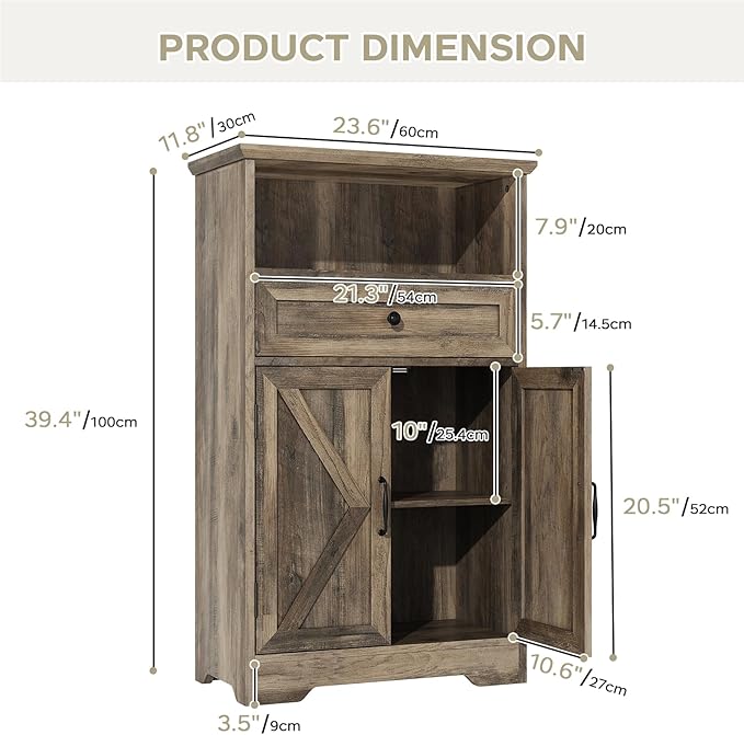Floor Cabinet, Farmhouse Storage Cabinet with Barn Doors and Drawer, 11.81" D x 23.62" W x 39.37" H Grey Freestanding Adjustable Shelf Organizer for Bathroom, Kitchen, Living Room