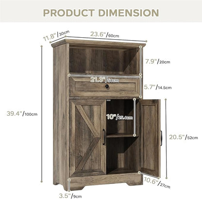 Floor Cabinet, Farmhouse Storage Cabinet with Barn Doors and Drawer, 11.81" D x 23.62" W x 39.37" H Grey Freestanding Adjustable Shelf Organizer for Bathroom, Kitchen, Living Room