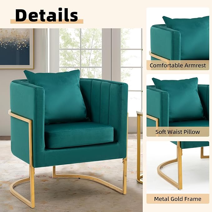 Velvet Modern Accent Chair, Upholstered Barrel Armchair Mid Century with Pillow for Living Room, Comfy Single Vnaity Chair with Metal Gold Legs for Bedroom, Green