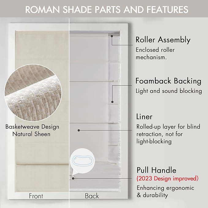 Madison Park Galen Cordless Roman Shade, 39"W x 64"H, Sheen Ivory – Room Darkening, Thermal Insulated, Energy Efficient Window Blind with Subtle Sheen Basketweave Fabric for Privacy