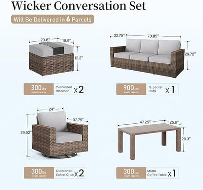 Swivel Glider 6 Piece Outdoor Furniture Set with Swivel Chairs, Wicker Patio Furniture with 4.92" Wide Armrest, 26.3" Deep Seating and 5.5" Thick Cushions, Grey