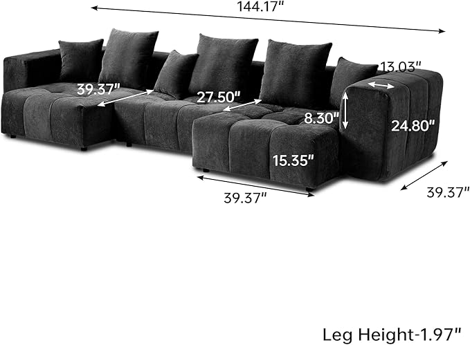 WJShome 144" Sectional Couches for Living Room,Modular Sectional Sofa, U Shaped Couch, Linen Deep Seat Cloud Couches with Pillow for Living Room,Black