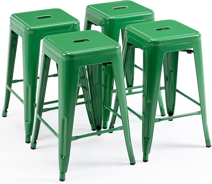 Vogue Furniture Direct 24 Inch Metal Bar Stools, Backless Counter Height Barstools, Indoor Outdoor Stackable Stools with Square Seat, Set of 4 (Green)