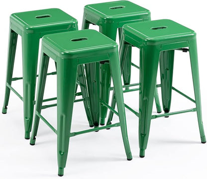 Vogue Furniture Direct 24 Inch Metal Bar Stools, Backless Counter Height Barstools, Indoor Outdoor Stackable Stools with Square Seat, Set of 4 (Green)