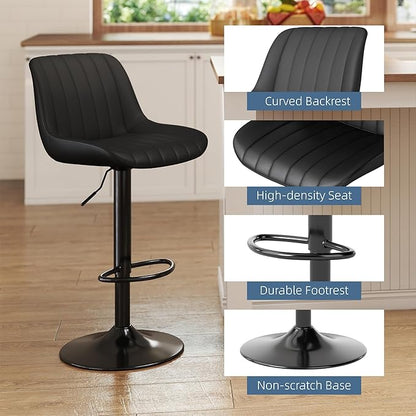 Youhauchair Bar Stools Set of 4, Swivel Counter Height Barstools with Back, Adjustable PU Leather Bar Chairs, Modern Armless Kitchen Island Stool, Black