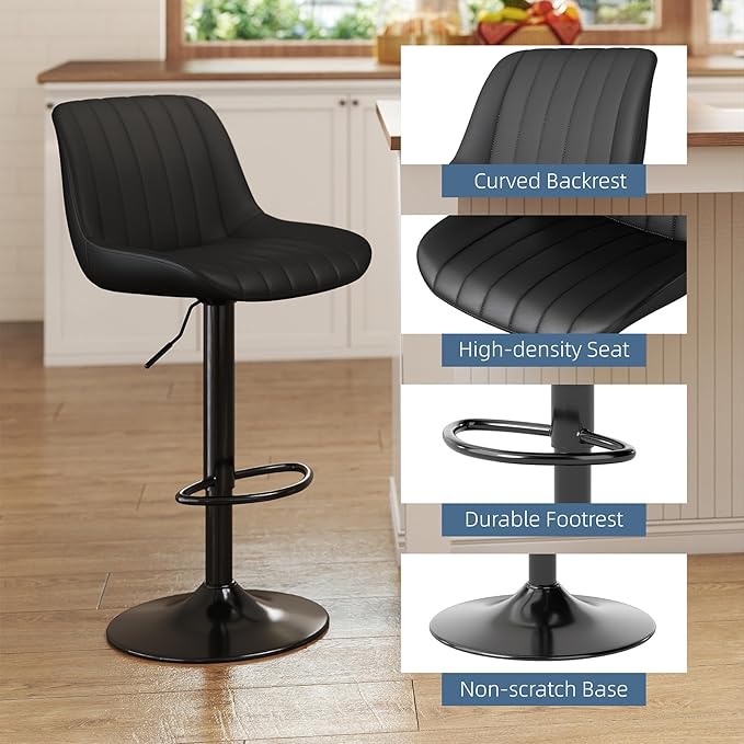Youhauchair Bar Stools Set of 2, Swivel Counter Height Barstools with Back, Adjustable PU Leather Bar Chairs, Modern Armless Kitchen Island Stool, Black