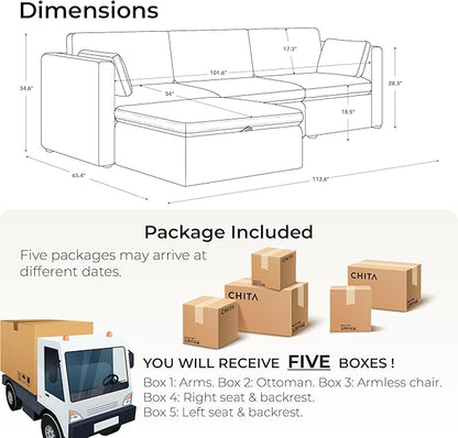 CHITA Modular Sectional Sofa, FSC Certified L Shaped Cloud Couch, Modular Sectional Couch, 112 inch Width,4 Seat Modular Sofa with Storage Ottoman, Terracotta