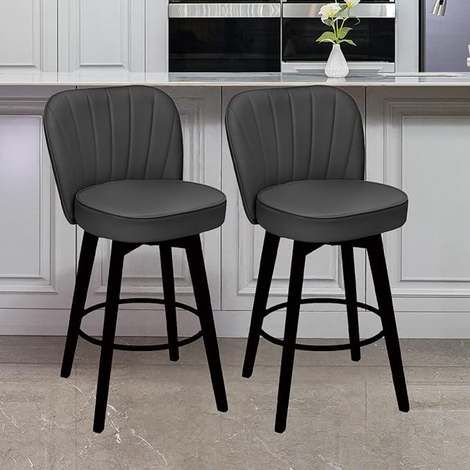 MINCETA Bar Stools Set of 2, PU Leather Barstools, 26 Inch Upholstered Counter Stools with Backrest and Footrest, Swivel Counter Height Barstools for Kitchen Island Home Bar Dark Gray