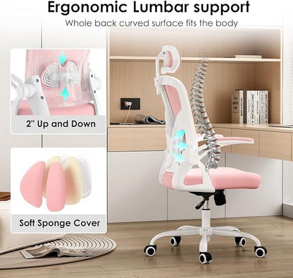 Farini Ergonomic Office Chair, Home Office Desk Chair with Headrest, High Back Computer Chair with Armrests and Adjustable Lumbar Support for Home Office Study Room, White & Pink
