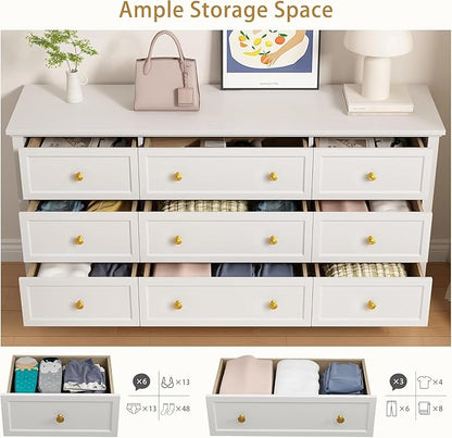 LYNSOM White Dresser for Bedroom with 9 Drawers, Modern Wide Chest of Storage Drawer with Gold Handles, TV Stand Dresser, Wood Dressers for Bedroom, Living Room, Hallway, Entryway, 59’’