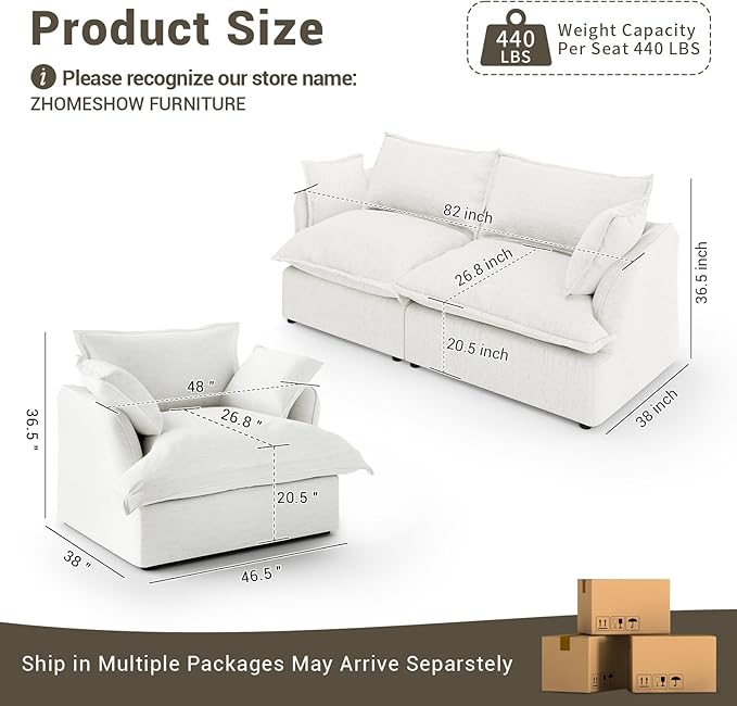 82” Modular Sectional Sofa, Comfy Down Fill Cloud Couch, Loveseat with Single Seater, Small Couch with Washable Cover, Sectional Couches for Living Room Small Apartments, Cream White