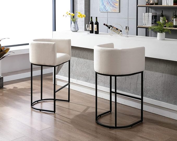 Contemporary Cream Linen Bar Stools Set of 2, 32" Upholstered Fabric Counter Height Barstool Kitchen Counter Island Stools with Black Metal Base