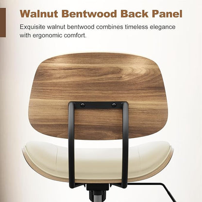 Armless Office Chair with Wheels, PU Leather Adjustable Height Desk Chair - 360° Swivel Ergonomic Computer Chair for Small Space, Modern Walnut Style, Home & Meeting Room, Beige