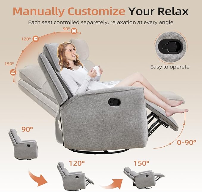 INZOY Nursing Rocking Chair Recliner, Swivel Rocker Recliner, Swivel Glider Rocking Recliners with Soft Backrest, Chenille Fabric Manual Reclining Sofa for Living Room Bedroom Apartment, Grey
