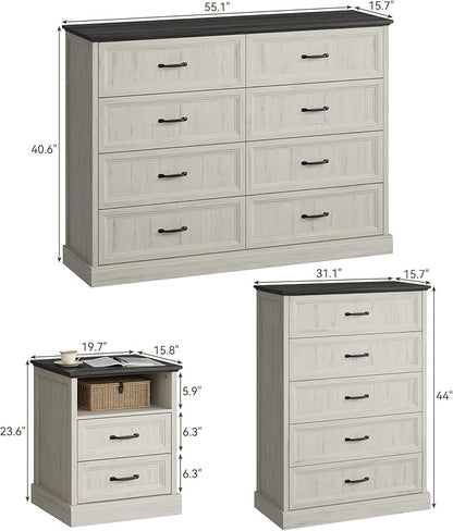 CARPETNAL Farmhouse Dresser and Nightstand Sets for Bedroom, 4 Pcs Bedroom Set, 5 Drawer & 8 Drawer Dresser and Nightstand Set of 2, Wood Chest of Drawers for Living Room, Entryway, White
