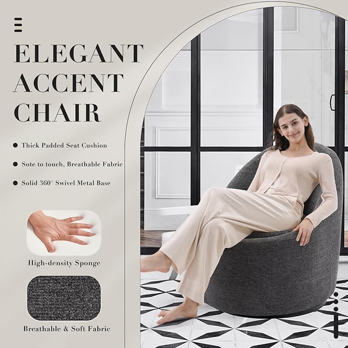 360° Swivel Accent Chair, Mid-Century Modern Chair with Hidden Storge, Small Swivel Chair with Arms for Living Room/Office-Dark Grey