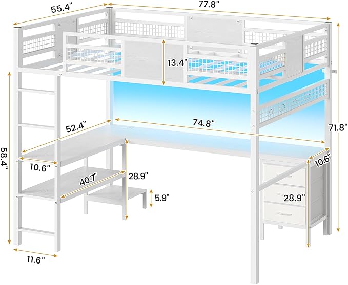 ADORNEVE Loft Bed Full Size with L-Shaped Desk, 3 Storage Drawers, Power Outlet, 3 Storage Shelves, Metal Loft Bed Frame with RGB Lights, Bed with Safety Guardrail & Ladders,Space-Saving, White