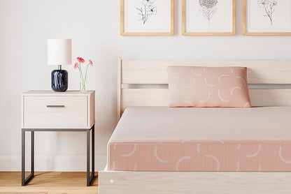 Signature Design by Ashley Full Size iKidz 7 Inch Firm Gel Memory Foam Mattress with Stretch Knit Cover & Pillow Included, Pink Coral, Fiberglass Free, Mattress in A Box