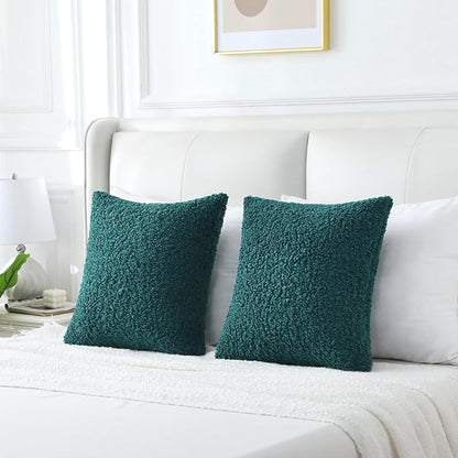 FUTEI Dark Green Throw Pillow Covers 26x26 Inch Set of 2,Furry Faux Fur Teddy Boucle Textured Cushion Covers,Soft Fluffy Decorative Euro Pillow Shams,Home Decor for Couch Bed Living Room Office Car