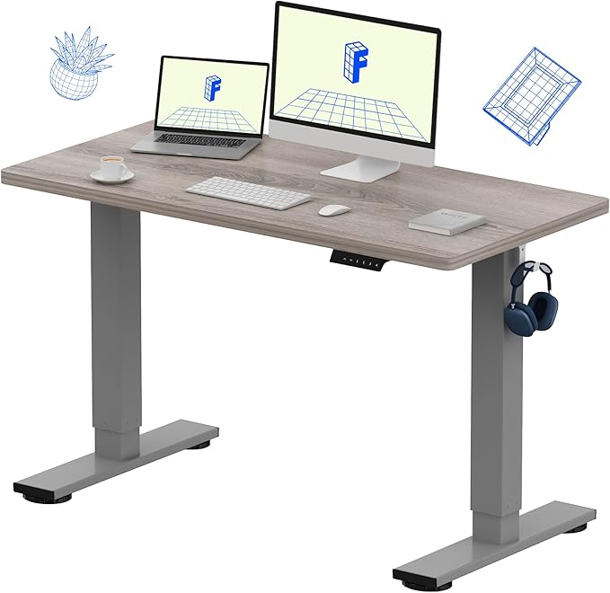 FLEXISPOT EN1 One-Piece Standing Desk 48 x 24 Inches Height Adjustable Electric Desk (Silver Frame + Grey Wood Grain Top, 2 Packages)