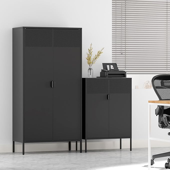 71 inches Black Metal Storage Cabinet with Doors and Shelves, 5 Tier Pantry Cabinet, Metal Cabinet for Home, Office, Dining, Laundry, Living, Bathroom and Utility Use