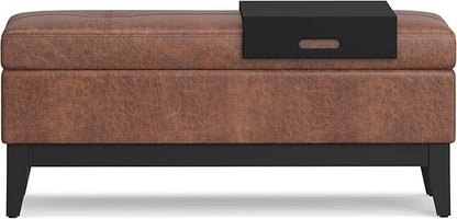 SIMPLIHOME Oregon 42 inch Wide Transitional Rectangle Storage Ottoman Bench with Tray in Distressed Saddle Brown Vegan Faux Leather, Assembled, For the Living Room, Entryway and Family Room