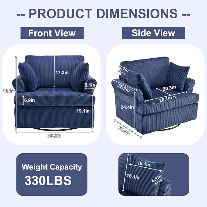 Karl home Swivel Accent Chair Set of 2, 39" Oversized Armchair W/2 Pillows and 4 Pockets,Modern Corduroy Barrel Chairs,Comfy Single Sofa for Living Room,Reading,Bedroom and Office-Dark Blue