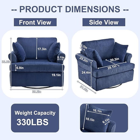 Karl home 39" Swivel Accent Chair,Oversized Seat Armchair W/2 Pillows and 4 Pockets,Modern Upholstered Corduroy Barrel Chair,Comfy Single Sofa for Living Room,Reading,Bedroom and Office-Dark Blue