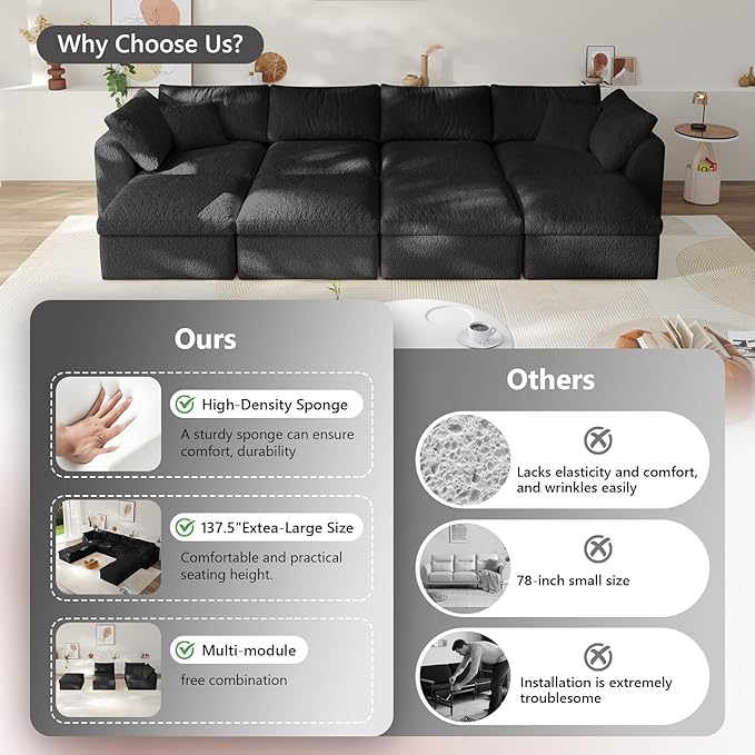 138" Boneless Cloud Couch Modular Sectional Sofa with Deep Seat for Living Room, L Shape Couch with Ottoman, Snowflake Cloth and 40D Memory Sponge，2 Throw Pillows (Black, 4 Seater+4 Ottoman)