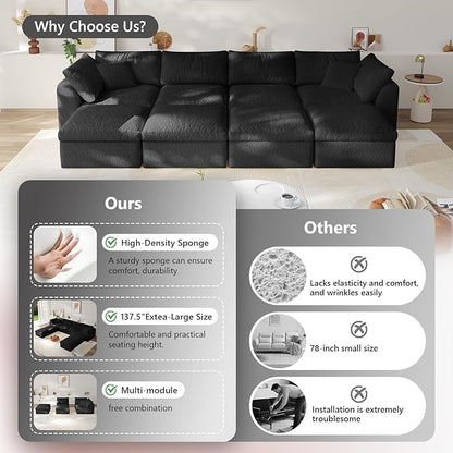 138" Boneless Cloud Couch Modular Sectional Sofa with Deep Seat for Living Room, L Shape Couch with Ottoman, Snowflake Cloth and 40D Memory Sponge，2 Throw Pillows (Black, 4 Seater+4 Ottoman)