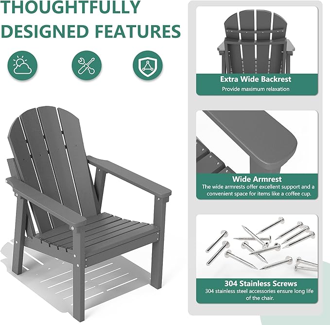 Adirondack Chair Set of 8, All Weather HDPE Fire Pit Chairs, Oversized Plastic Adirondack Chair for Outdoor, Balcony, Deck, Backyard, Patio, Garden, Poolside, Lawn Grey