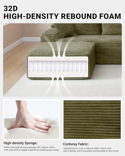108 Inch Cloud Sectional Couch,Modern Modular Sectional Sofa with Deep Seat,Corduroy Boneless Couches with L-Shape Chaise for Living Room,No Assembly Required (Green, Left Facing Chaise + Ottoman)