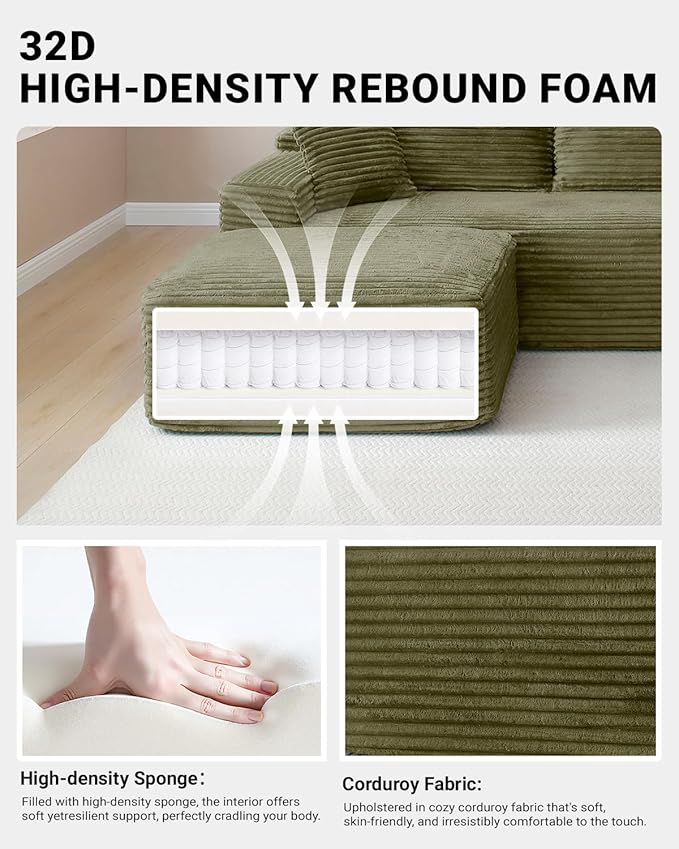 95 Inch Cloud Sectional Couch,Modular Sectional Sofa with Deep Seat,Modern Corduroy Boneless Couches with L-Shape Chaise for Living Room Bedroom,No Assembly Required (Green, Left Facing Chaise)