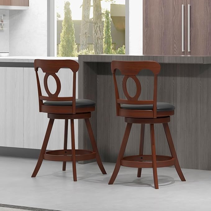 COSTWAY 2 PCS Bar Stools, 24 Inch Swivel Counter Height Chairs with Ergonomic Back & Footrest, Vintage Wooden Barstool Set for Kitchen Island, Pub, Bistro, Café, Espresso (4, 24 Inch)