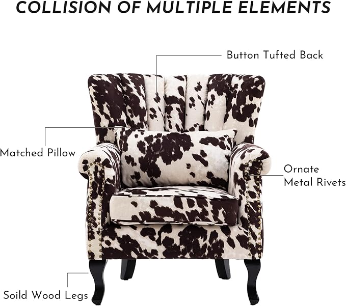 Accent Reading Arm Chairs Set of 2 for Living Room Bedroom, Midcentury Modern Comfy Corner Sofa Chair, Wingback Waiting Room Club Chair with Button Tufted Back &Lumbar Pillow, Fabric Cow