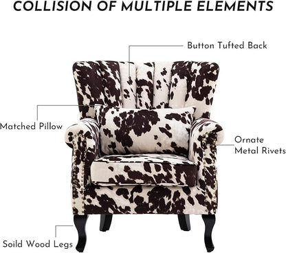 Accent Reading Arm Chairs Set of 2 for Living Room Bedroom, Midcentury Modern Comfy Corner Sofa Chair, Wingback Waiting Room Club Chair with Button Tufted Back &Lumbar Pillow, Fabric Cow