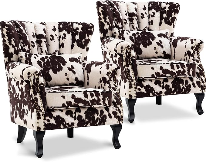 Accent Reading Arm Chairs Set of 2 for Living Room Bedroom, Midcentury Modern Comfy Corner Sofa Chair, Wingback Waiting Room Club Chair with Button Tufted Back &Lumbar Pillow, Fabric Cow