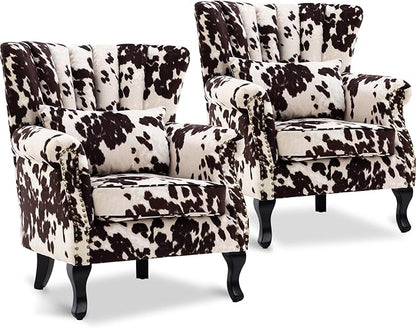 Accent Reading Arm Chairs Set of 2 for Living Room Bedroom, Midcentury Modern Comfy Corner Sofa Chair, Wingback Waiting Room Club Chair with Button Tufted Back &Lumbar Pillow, Fabric Cow