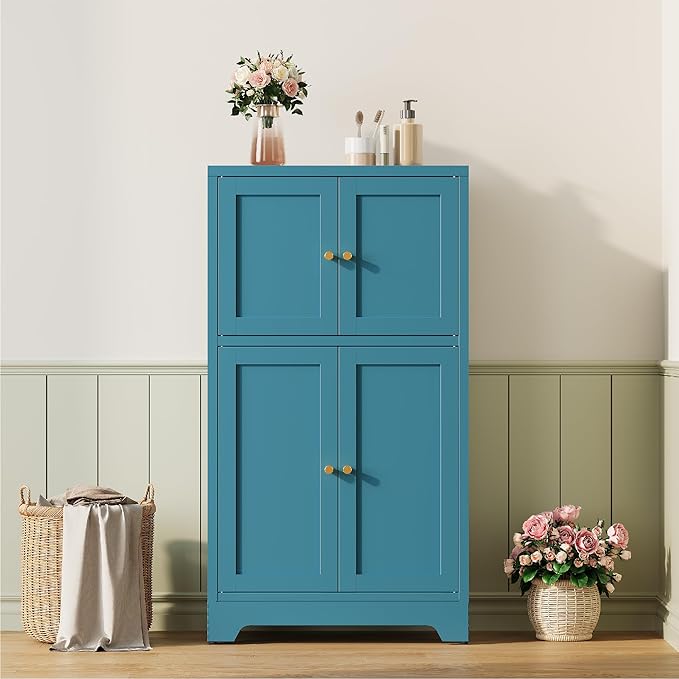 Bathroom Floor Storage Cabinet, Freestanding Accent Cabinets with 4 Doors and 2 Adjustable Shelves,Blue Metal Locker Cabinets for Restroom, Kitchen,Living Room,Hallway