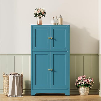 Bathroom Floor Storage Cabinet, Freestanding Accent Cabinets with 4 Doors and 2 Adjustable Shelves,Blue Metal Locker Cabinets for Restroom, Kitchen,Living Room,Hallway