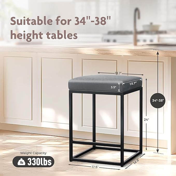 ALPHA HOME 24 Inch Counter Height Bar Stools Set of 2, Upholstered Bar Stools for Kitchen Island, Counter Stools with Faux Leather Cushion and Sturdy Metal Frame, Modern Barstools, Grey