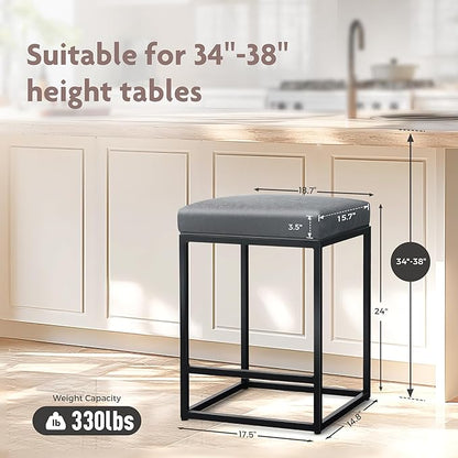 ALPHA HOME 24 Inch Counter Height Bar Stools Set of 2, Upholstered Bar Stools for Kitchen Island, Counter Stools with Faux Leather Cushion and Sturdy Metal Frame, Modern Barstools, Grey