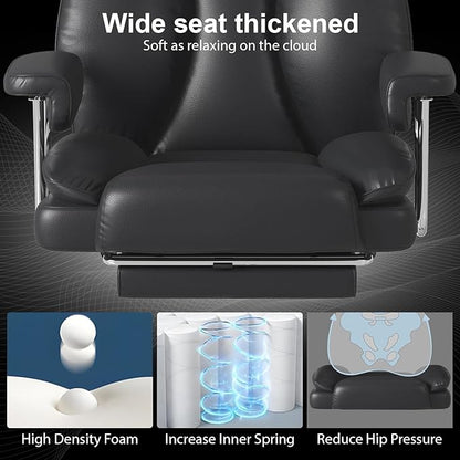 Big and Tall Office Chair, Executive Home Office Desk Chair, Comfy Leather High-Back Reclining Computer Chair with Retractable Footrest and Padded Arms, 360°Swivel Rolling Wheels, Wide Seat, Black